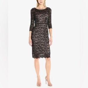 ALEX EVENINGS Party Dress  Black Lace 3/4 Sleeve Knee length Beaded Belt Sx 6